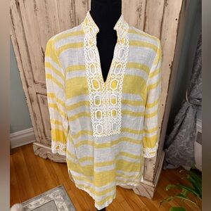 CharterClub linen top. Coastal Yellow and white with embroidery. Size large